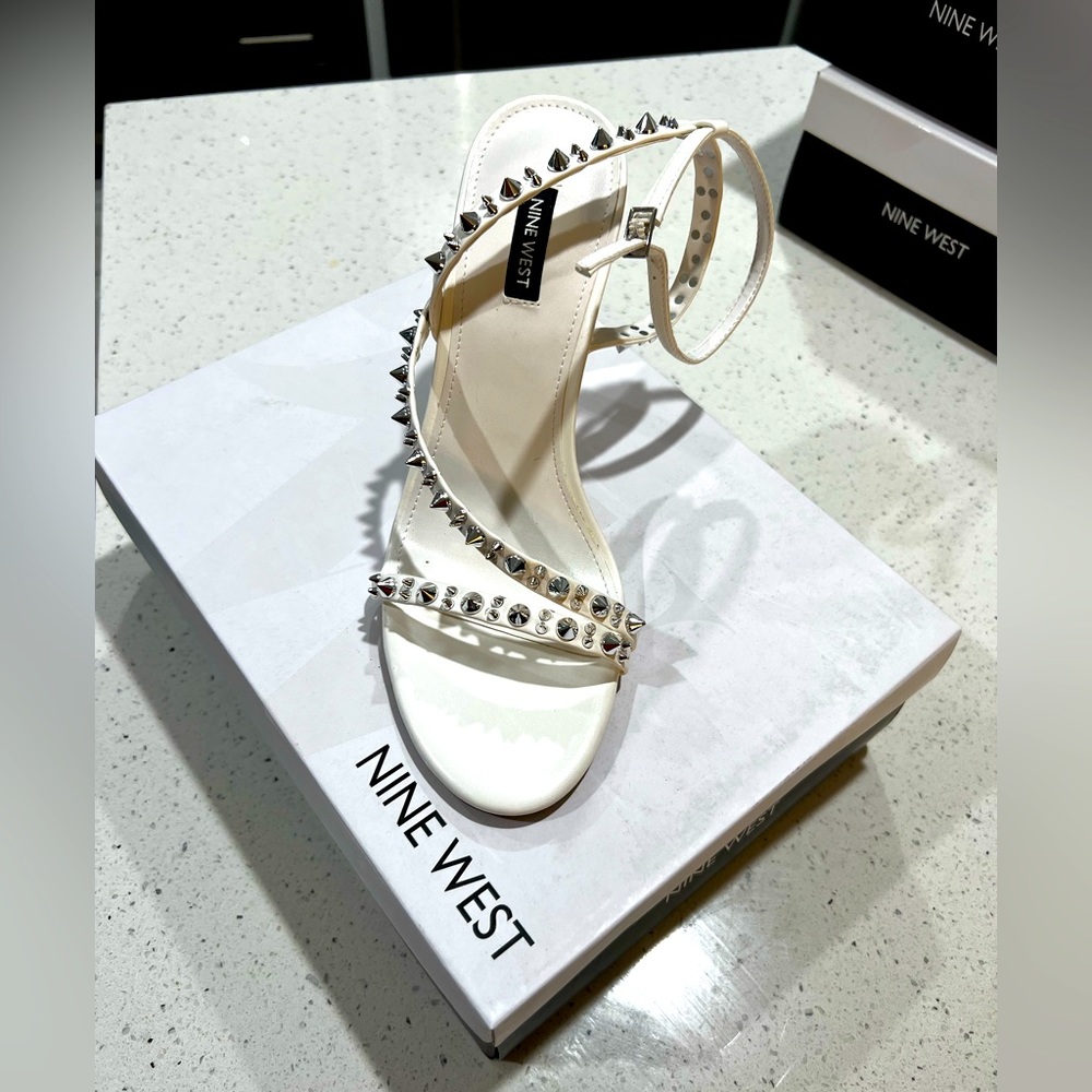 White studded strap heel sandals